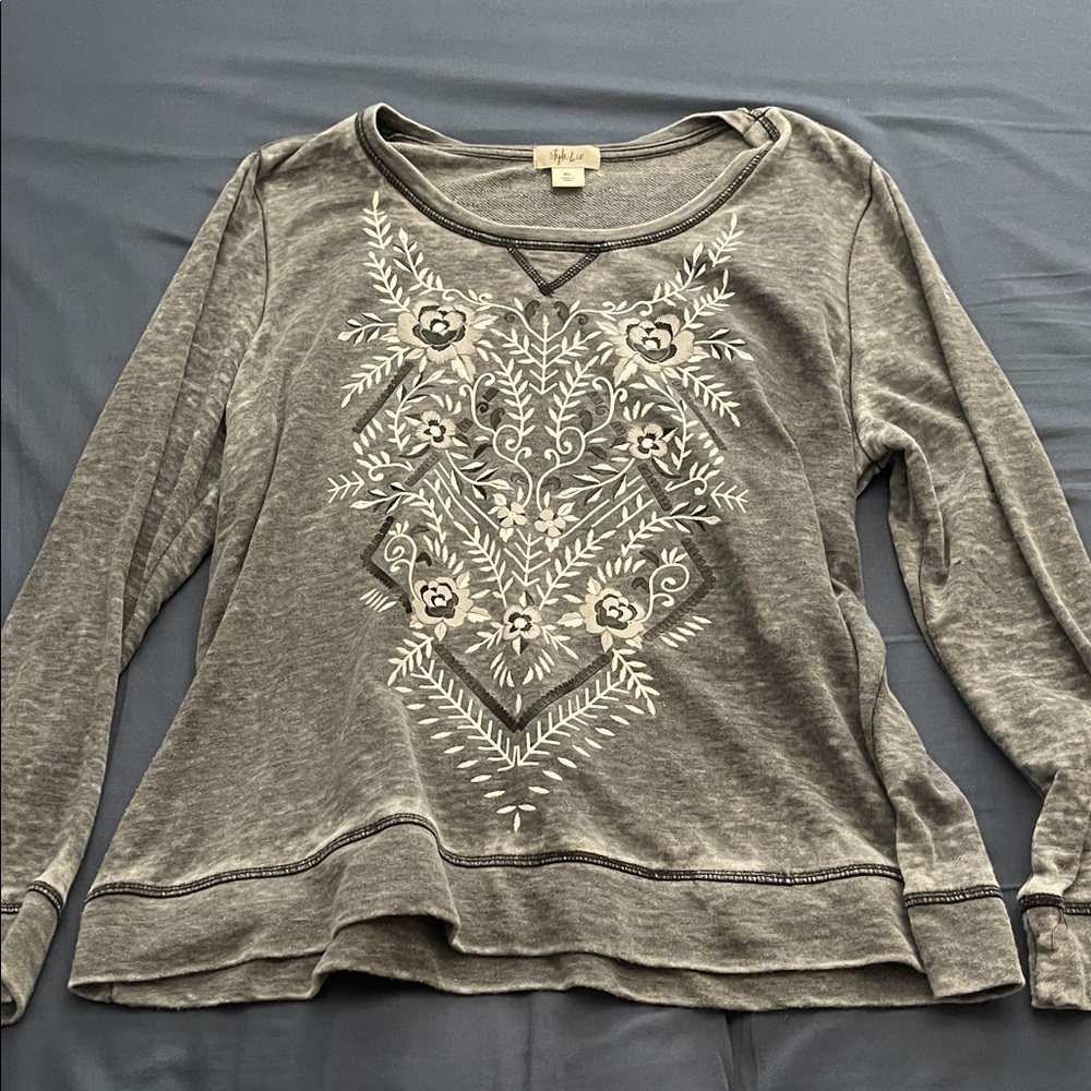 Style & Co Charcoal Floral Embroidered Long Sleeve Top - Never Worn